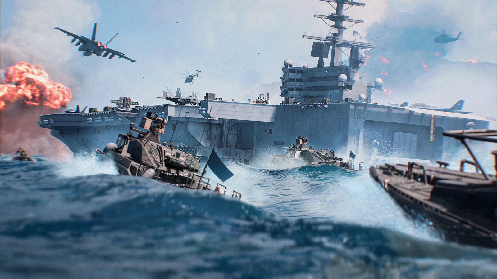 Boats and aircraft assault a carrier in Battlefield 6 Carrier Strike
