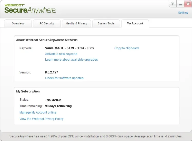 Webroot SecureAnywhere AntiVirus — код активации на 90 дней